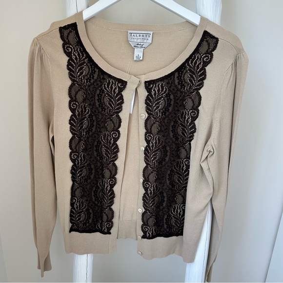 Talbots Collection Women’s Tan with Brown Lace Cardigan Sweater SZ Large - Picture 1 of 10